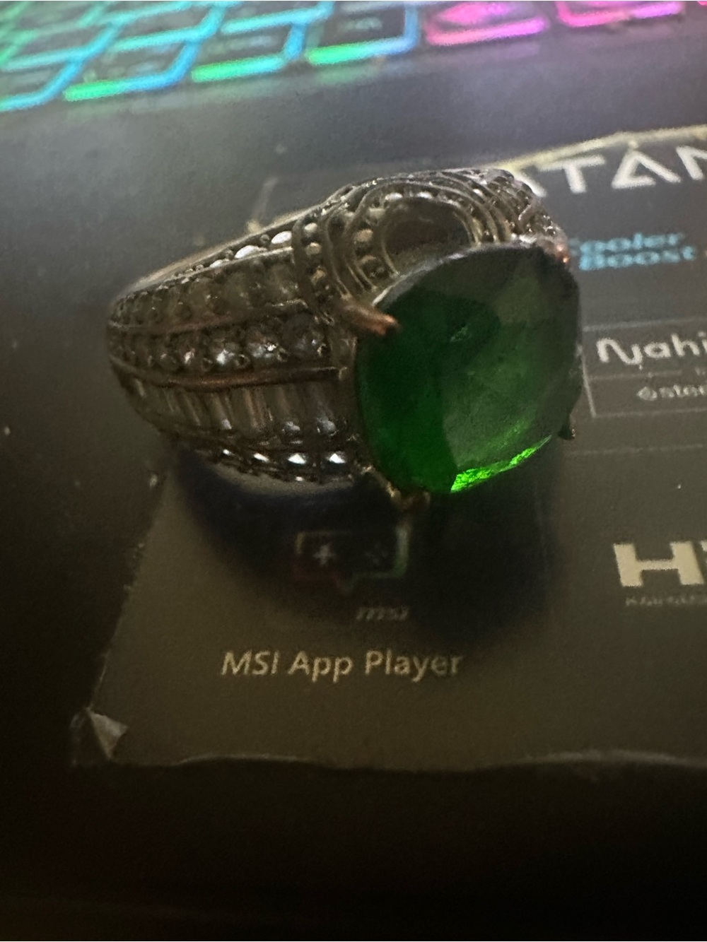 Large Emerald and baguette clear crystals Gem Statement Ring Men’s 925 solid